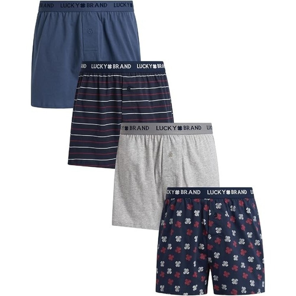 Lucky Brand Mens 4-Pack Knit Boxer Shorts Size XL Blue Grey Print Relaxed Fit